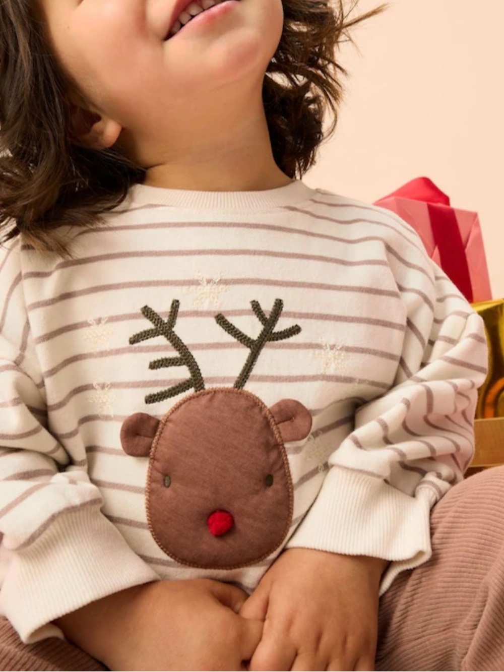 NEXT Girls Cream Striped Reindeer Christmas Appliqué Pullover Sweatshirt 5T
